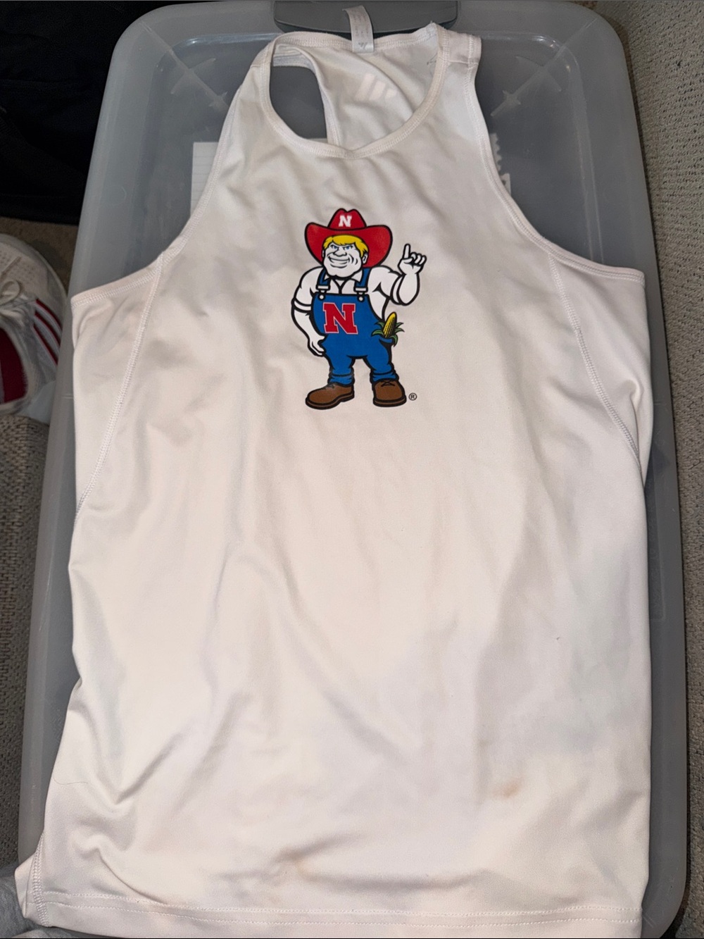 White Tank Top with Cornhusker Mascot Graphic